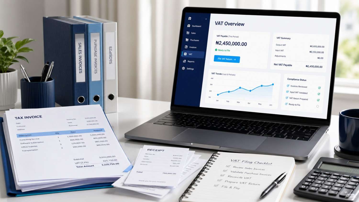 Organized invoices, receipts, and finance dashboard for VAT record guidance.